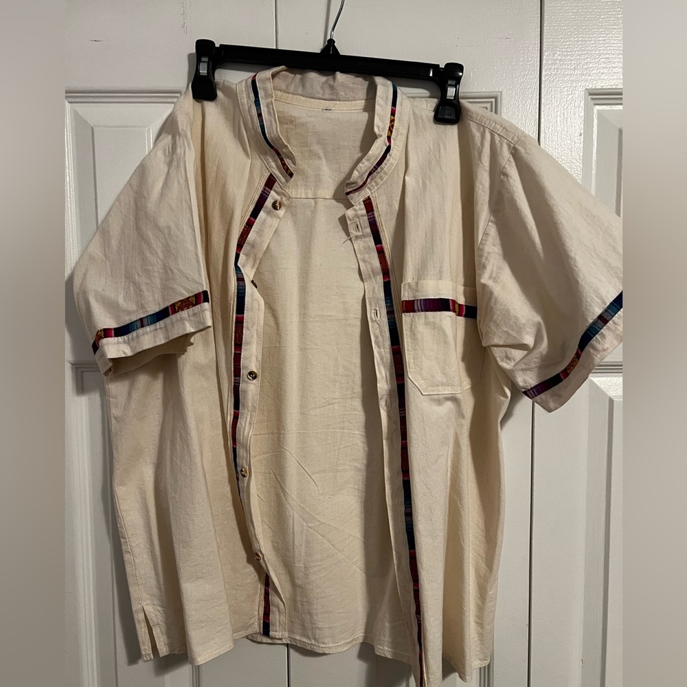 Traditional Mexican button up shirt, size small, crème with colored details